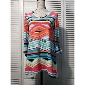 Onque Casual Tunic Top Women's Small Multicolor Stripes 3/4 Sleeve Ties At Cuffs